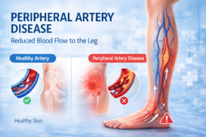 medical infographic showing peripheral artery disease in the leg with narrowed artery and reduced blood flow